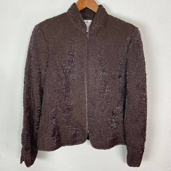 Victor Costa Evening Jacket Size 8 Chocolate Brown Crinkle Fabric Full Zip - Picture 1 of 11